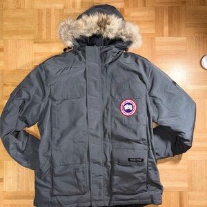 Canada Goose Gray Hooded Puffer Jacket with Fur Trim
